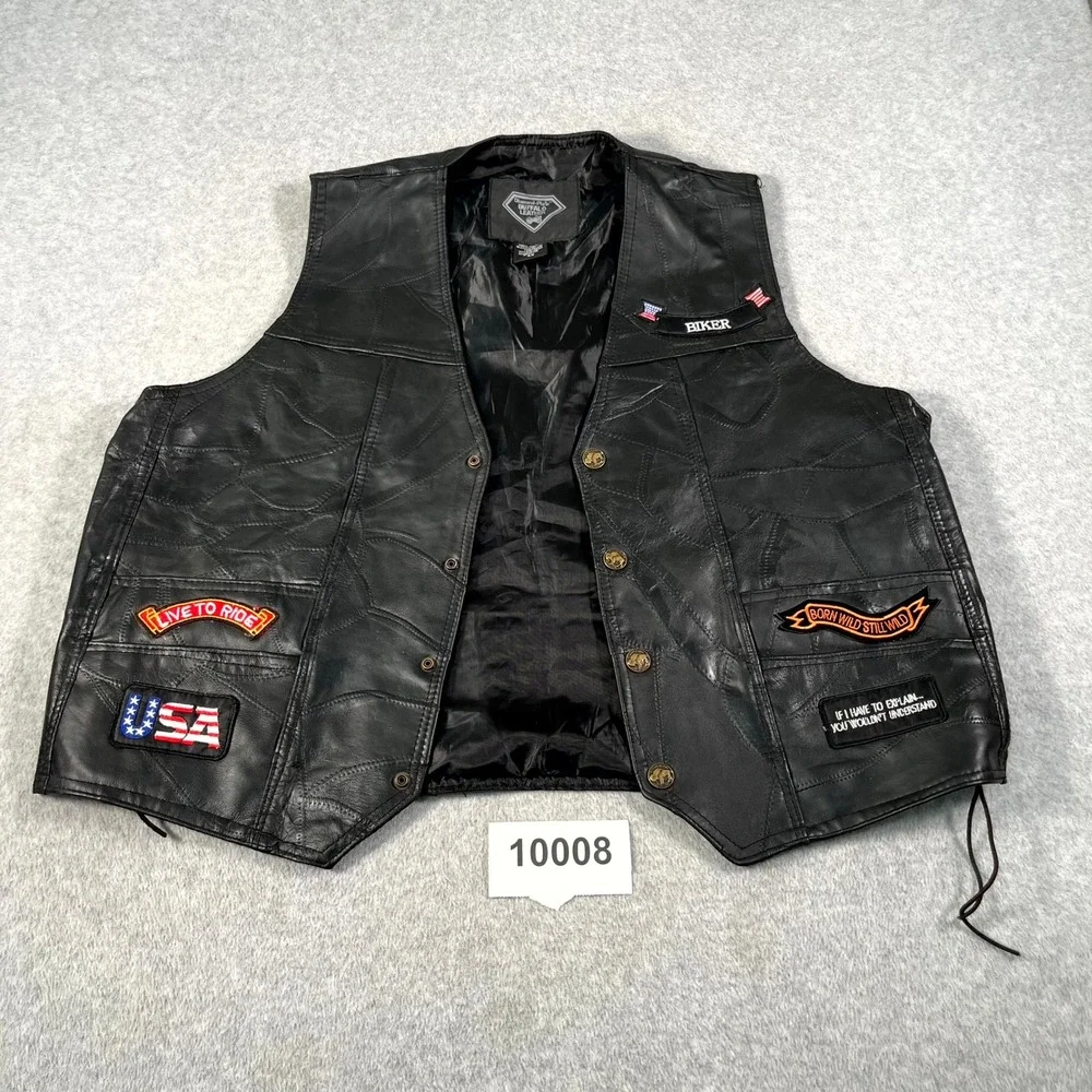 Diamond Plate Buffalo Leather Biker Vest Mens 4X Black Lined Button Front